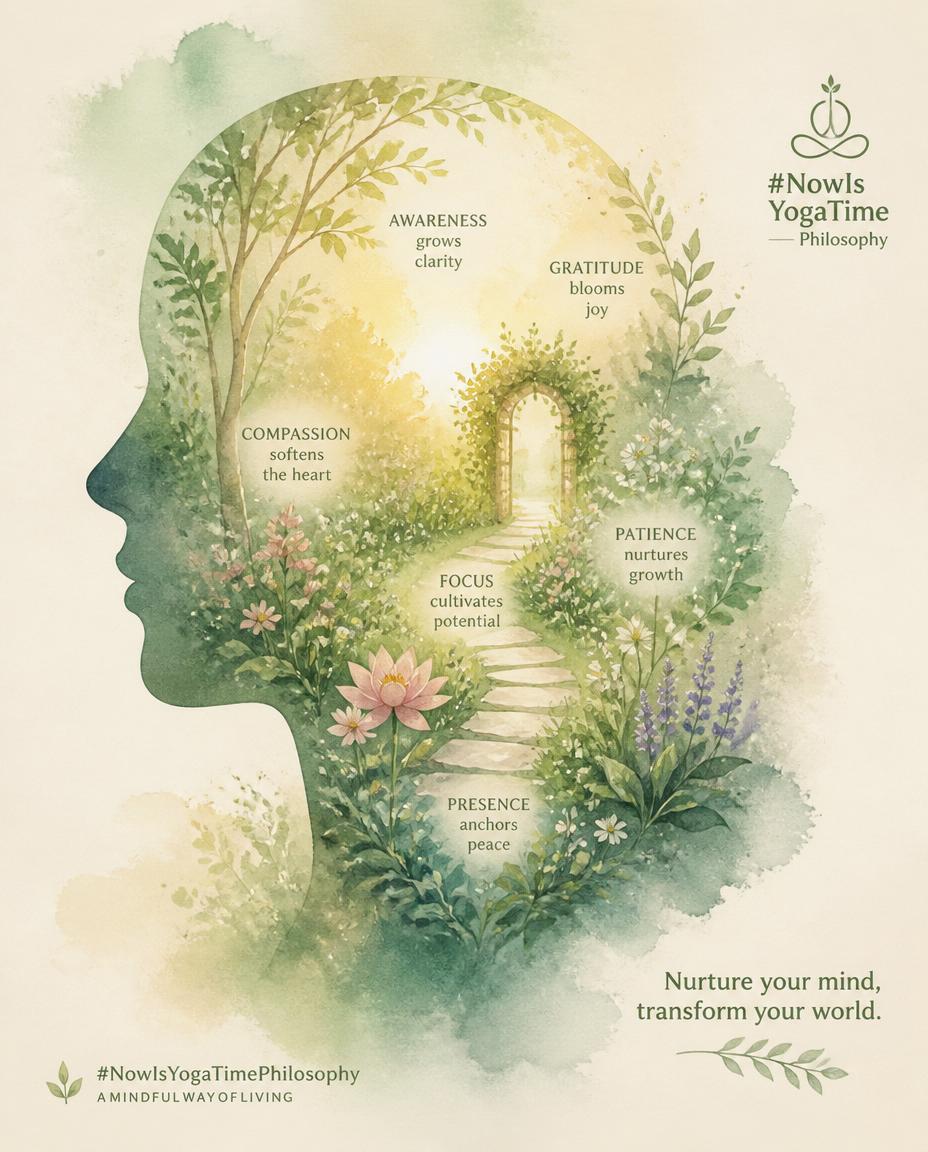 Watercolor mind silhouette from which a soft pastel garden grows, symbolizing thoughts as seeds. James Allen: The Garden of the Mind