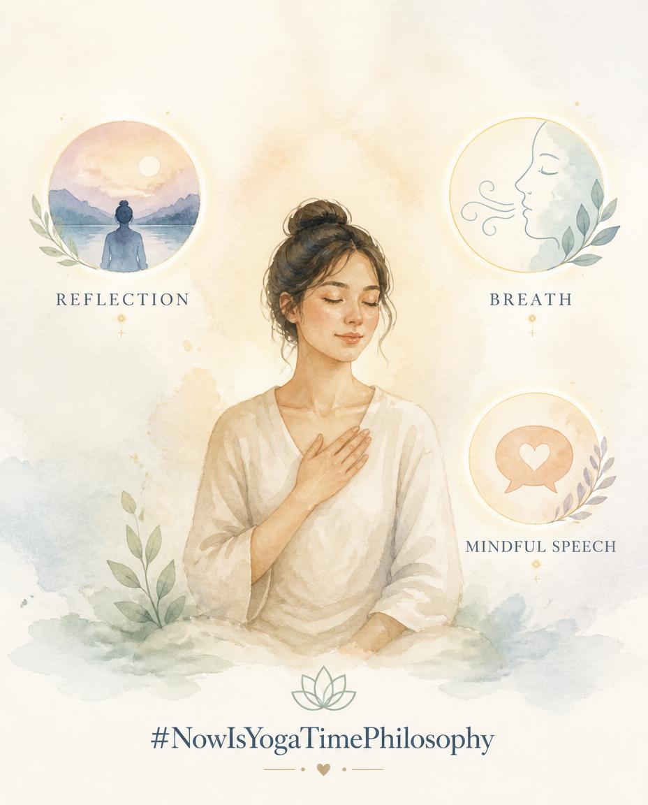 Watercolor figure surrounded by small glowing symbols representing reflection, breath, and mindful speech. Practices for Cultivating Satya