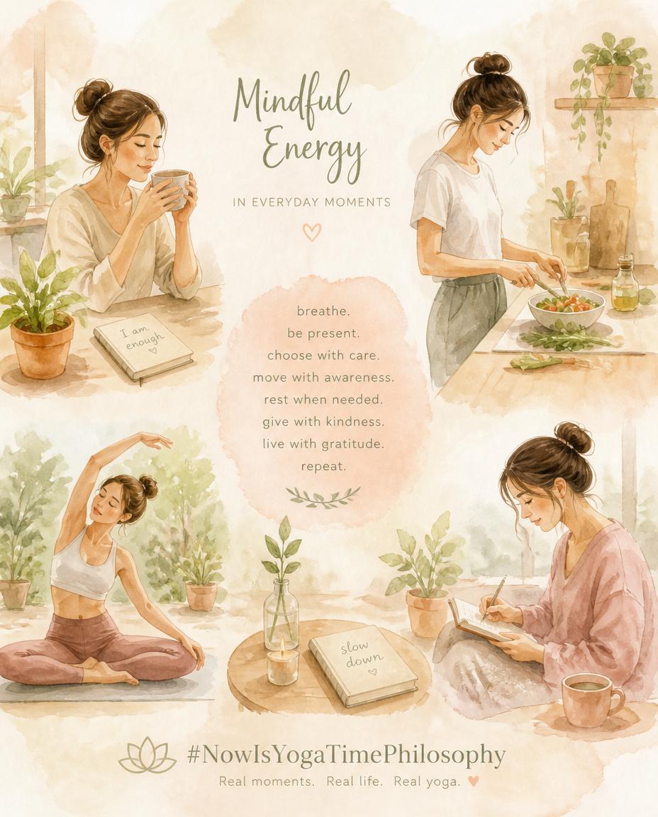 Soft watercolor scene of simple daily actions performed with calm presence and gentle light. Brahmacharya in daily life