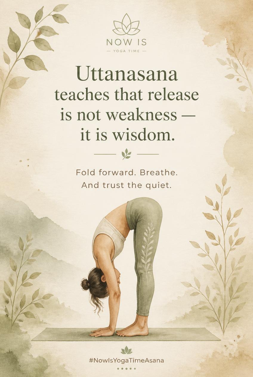 Uttanasana performed by a woman infographic with conclusion - Uttanasana teaches that release is not weakness - it is wisdom.