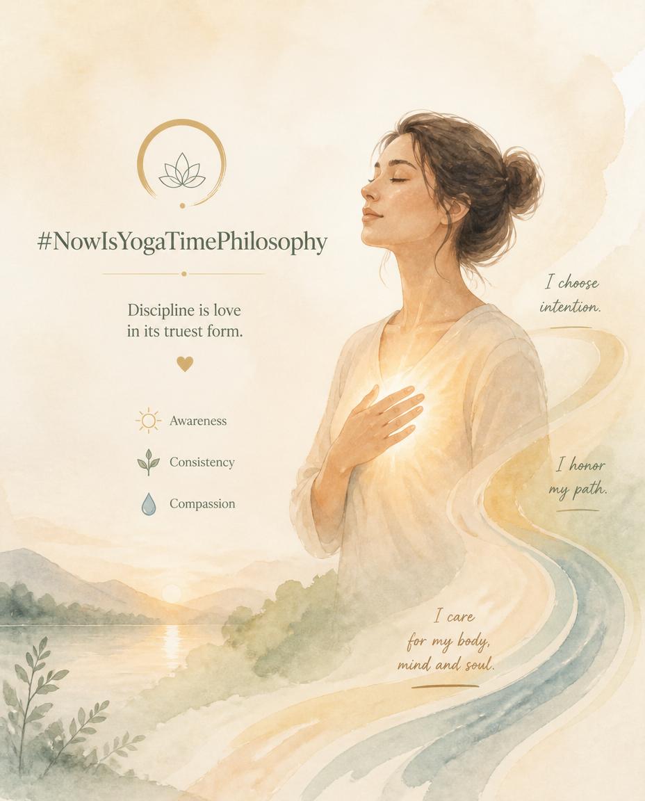 Watercolor figure with a hand on the heart and a soft inner glow, symbolizing self‑discipline and inner care. Niyama, the second limb of Patanjali's yoga.