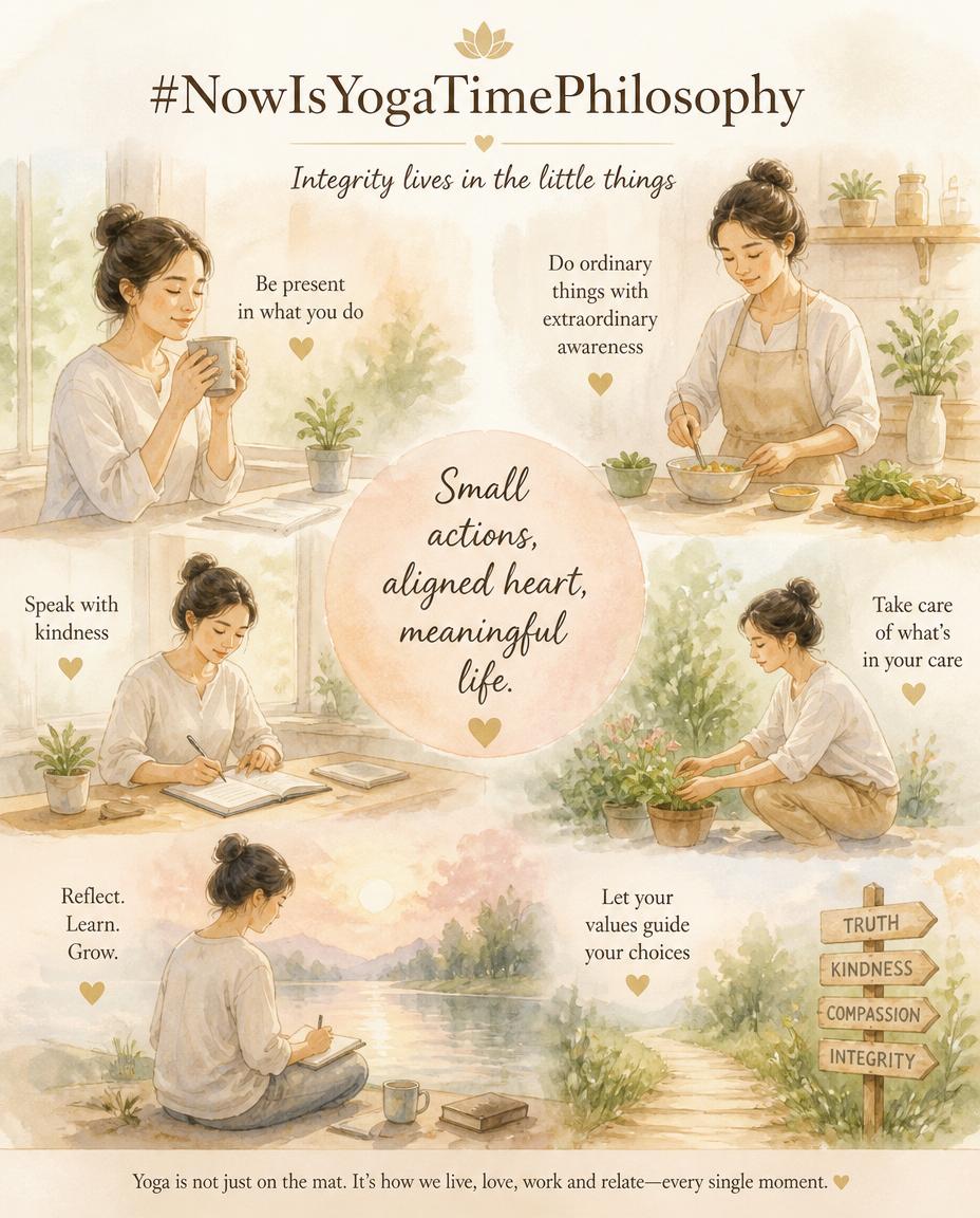 Soft watercolor scene of simple daily actions performed with calm presence and gentle light. Asteya in daily life.