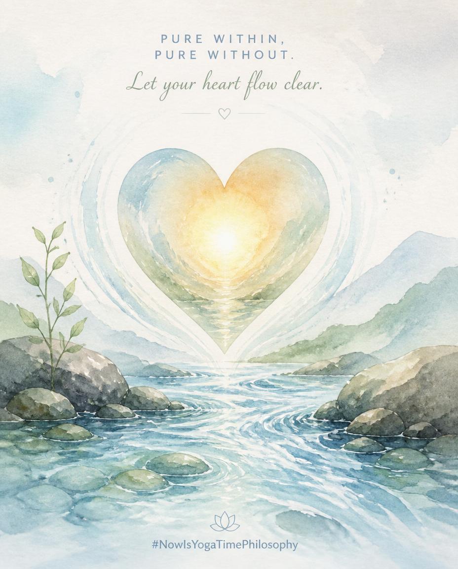 Soft watercolor flowing water and a glowing heart center, symbolizing inner and outer purity. Saucha - Purity