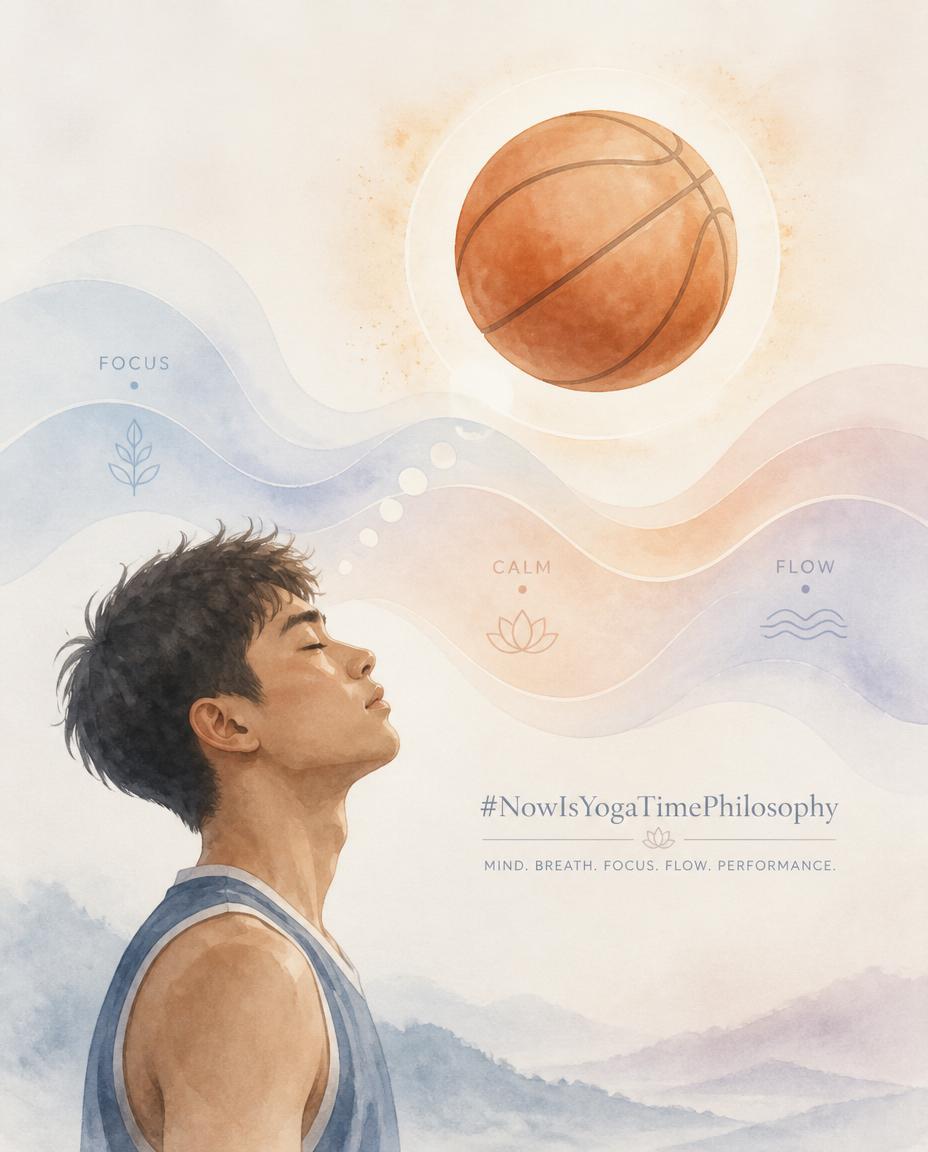 Soft watercolor basketball floating above gentle thought waves, symbolizing the link between mental practice and performance. Science Meets Ancient Wisdom: The Basketball Study