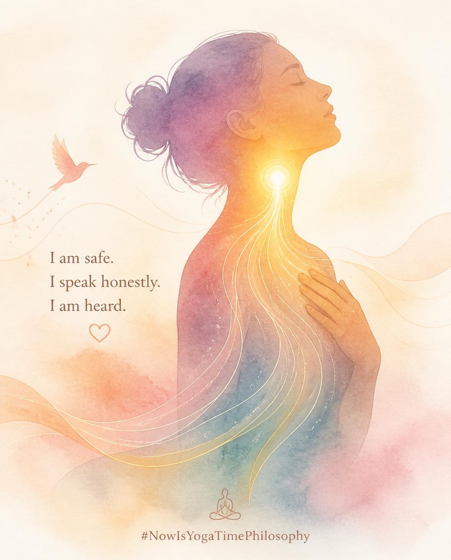 Watercolor silhouette with a glowing throat and flowing lines through the body, symbolizing regulated and honest expression. Satya and the Nervous System
