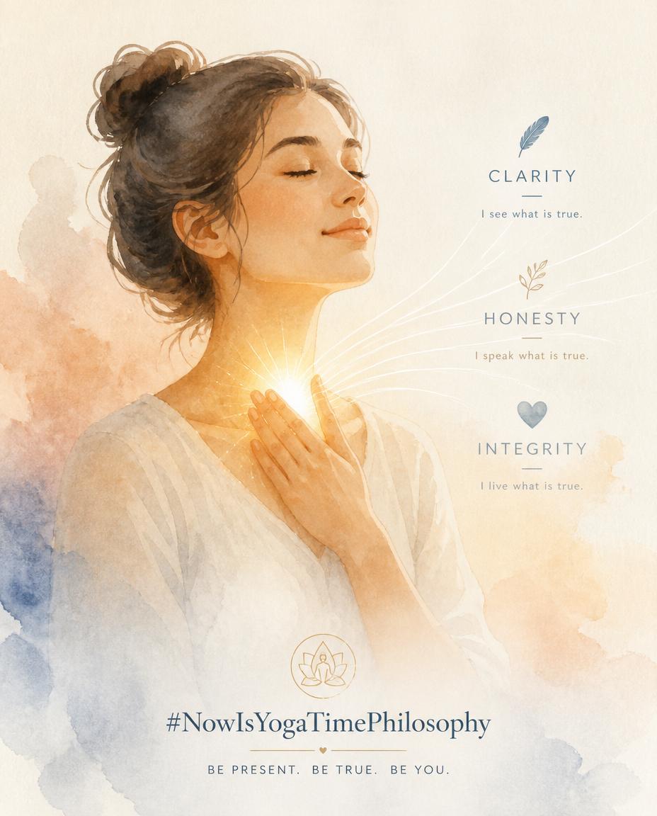 Watercolor figure holding a soft glowing light near the throat, symbolizing clarity and truthfulness. Satya, truthfulness