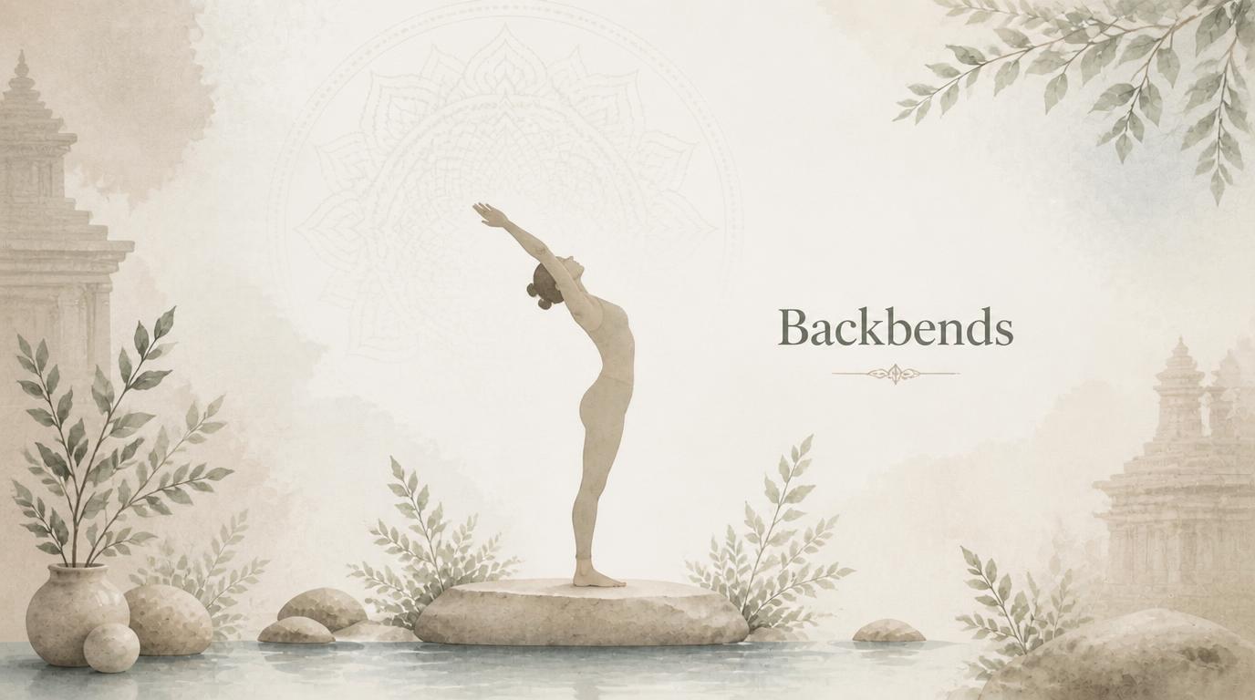 Woman performing a yoga backbend on a stone platform for the Backbends category