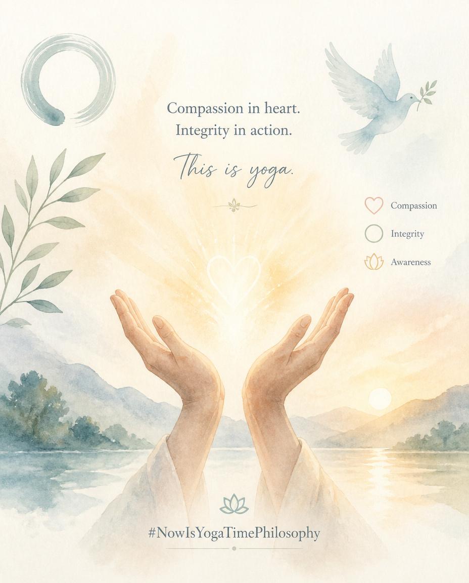 Soft watercolor illustration of open hands releasing gentle light, symbolizing compassion and ethical living. Yama, the first limb of Patanjali's yoga.