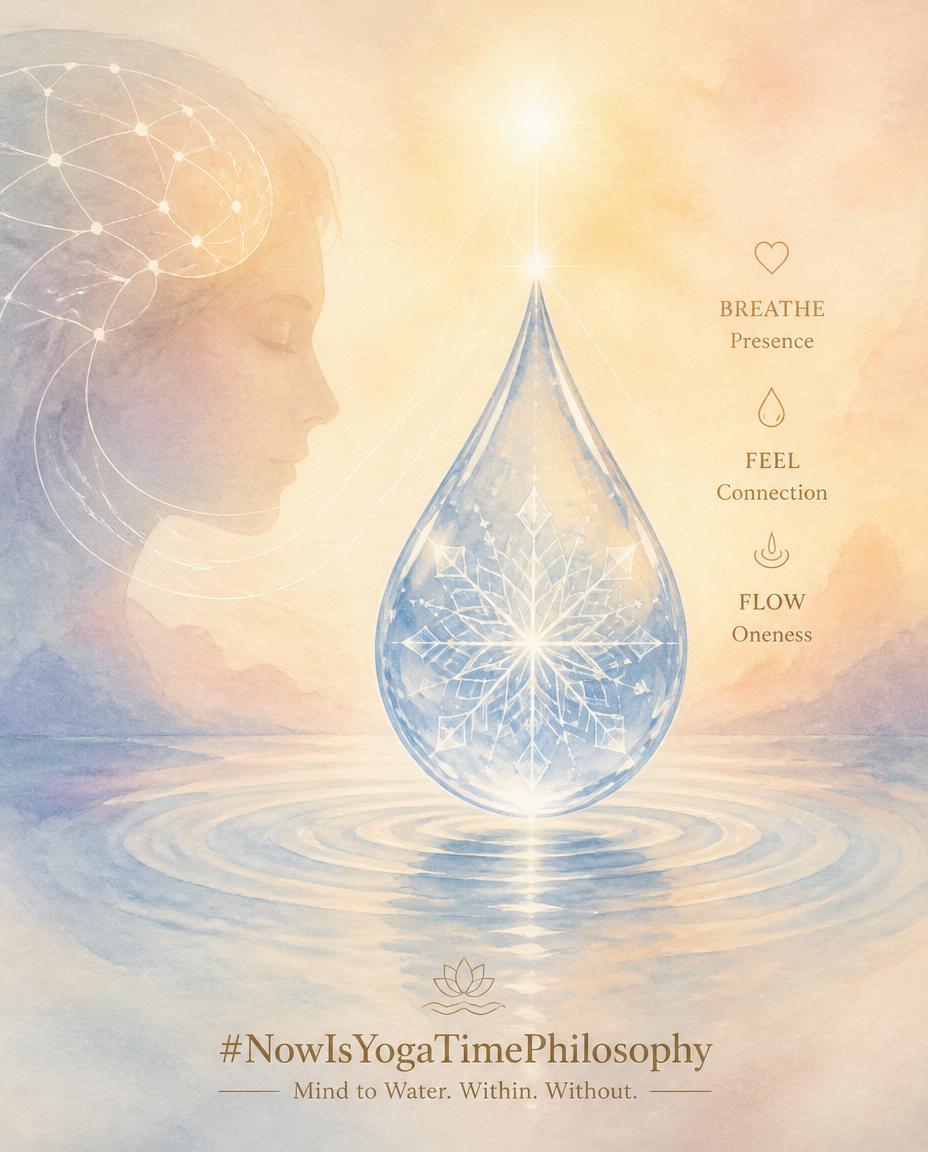 Watercolor droplet with soft crystalline patterns forming from gentle light, symbolizing the influence of thought on water. Masaru Emoto: Water & Thought