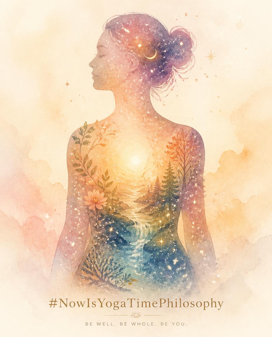 Watercolor body silhouette filled with tiny glowing points like stars, symbolizing the body as a living universe. Your Body — A Universe of Living Beings