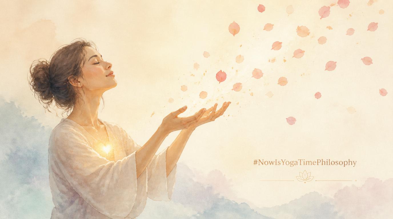 Soft watercolor figure surrounded by five gentle glowing symbols, symbolizing the inner observances of Niyama. Niyama in Yoga — The Five Inner Observances of Patanjali