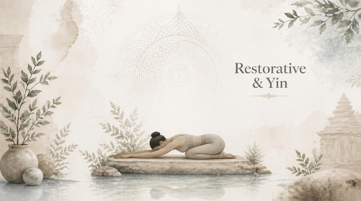 Woman resting in a gentle forward‑bending restorative pose for the Restorative & Yin category
