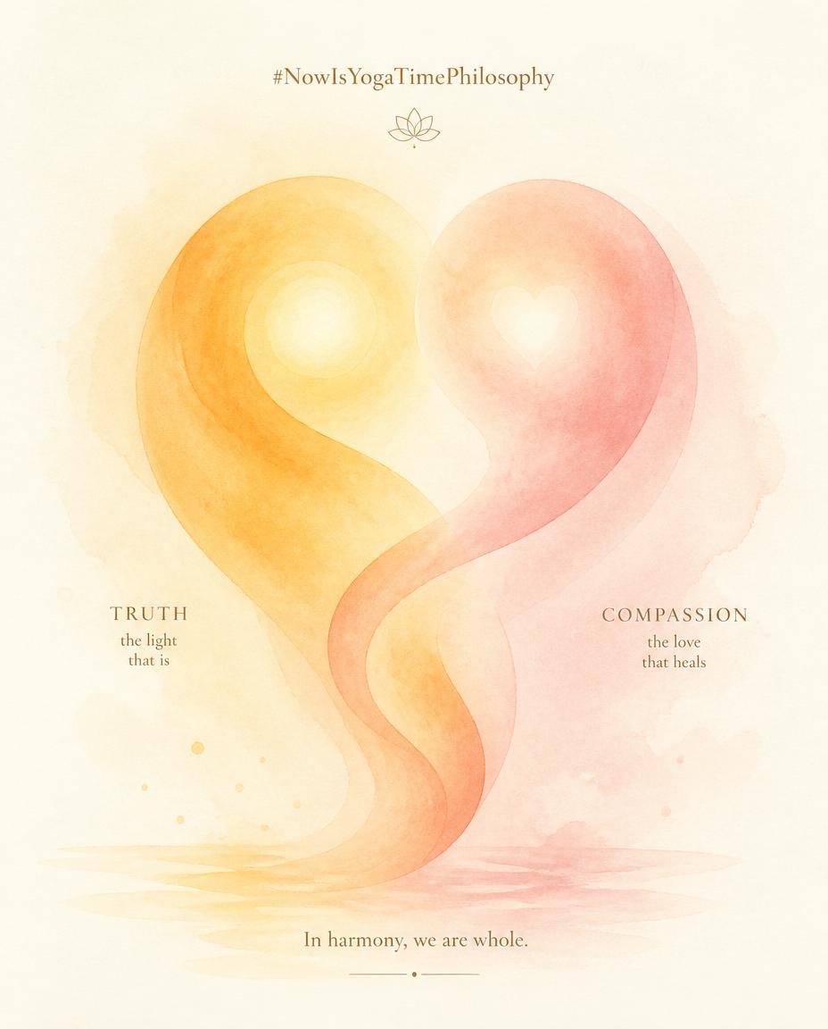 Two soft watercolor shapes intertwining gently, symbolizing the harmony of truth and compassion. Satya and Ahimsa — Truth with Compassion