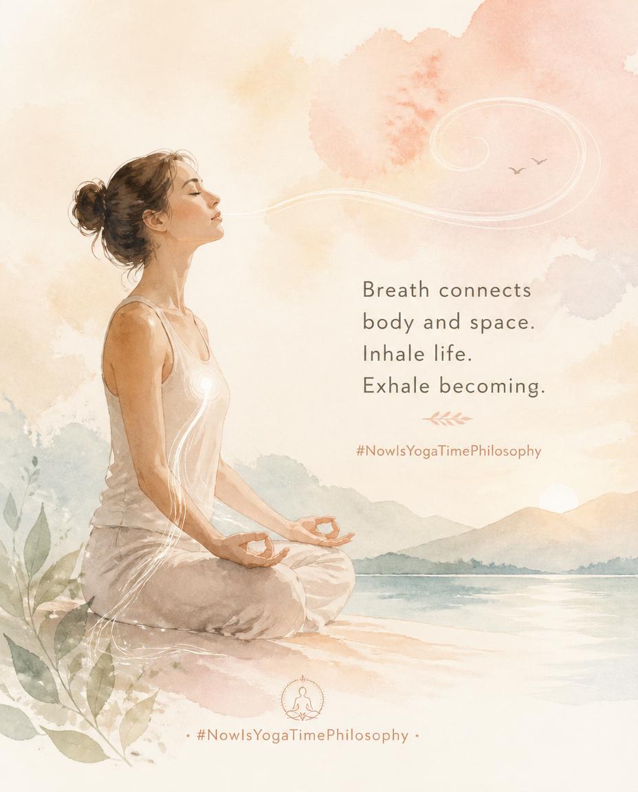 Watercolor figure with flowing breath lines connecting body and space, in warm pastel tones. Pranayama, the fourth limb of Patanjali's yoga.