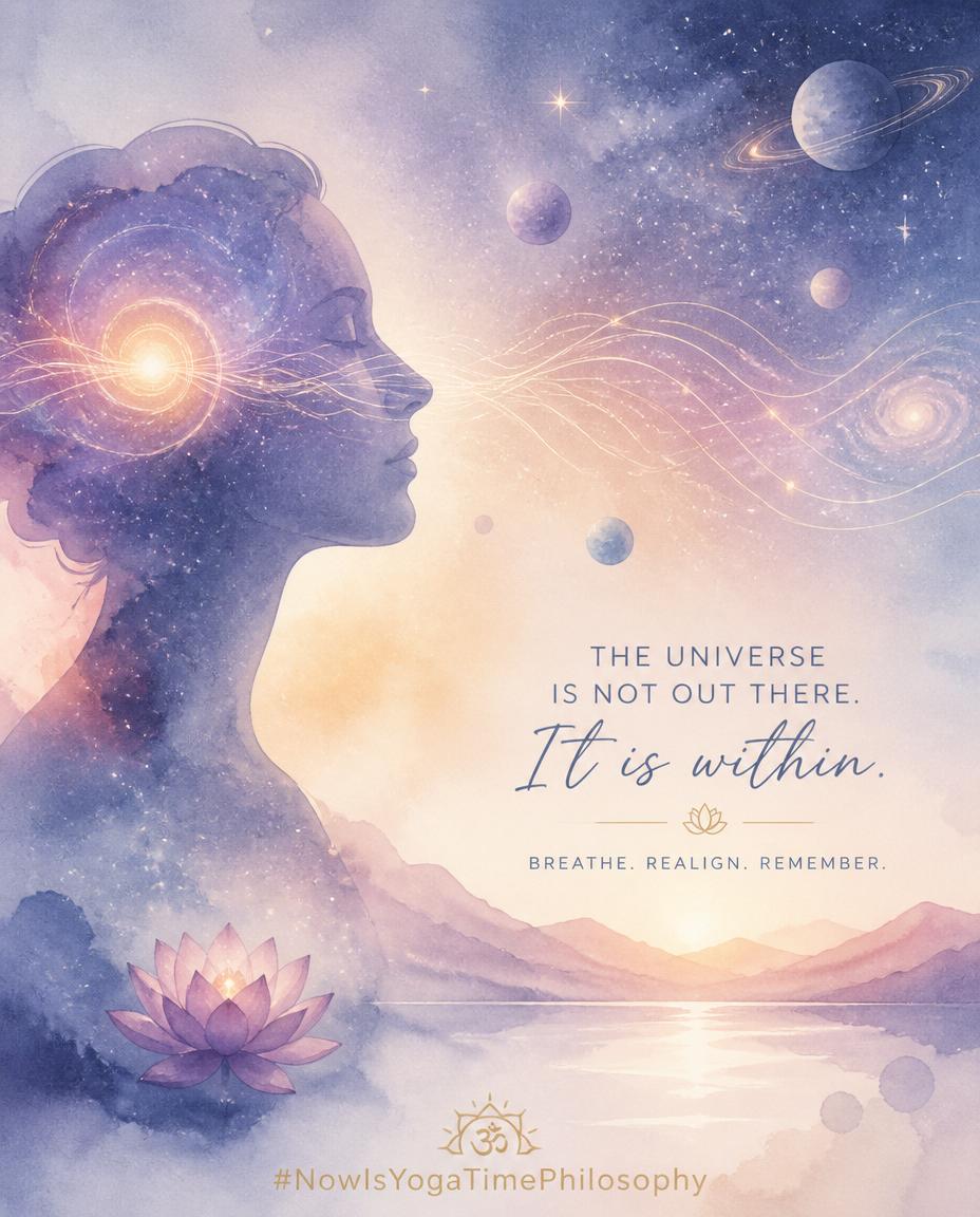 Soft watercolor silhouette blending with a starry sky, symbolizing the connection between mind and universe. The mental universe