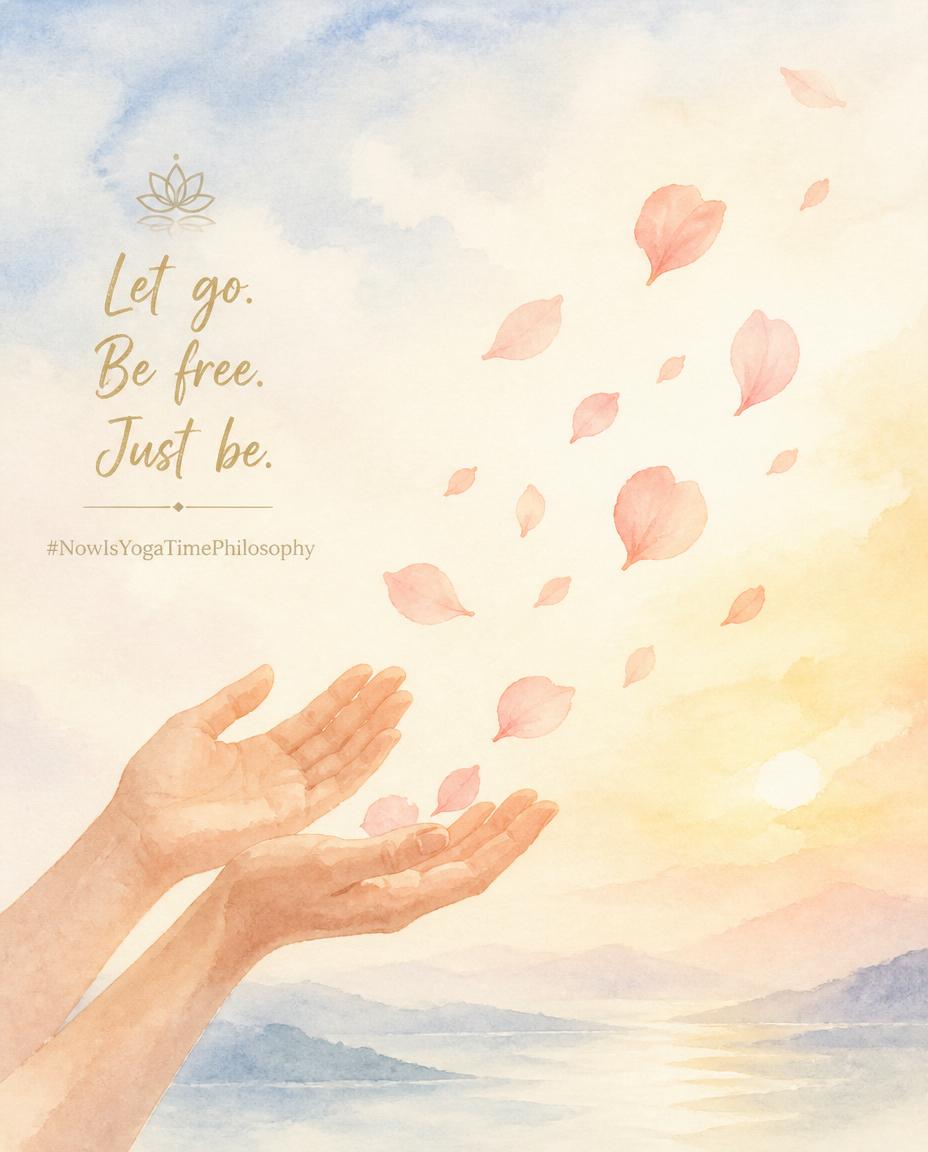 Soft watercolor open hands releasing petals into the air, symbolizing letting go and non-grasping. Aparigraha, non-grasping.