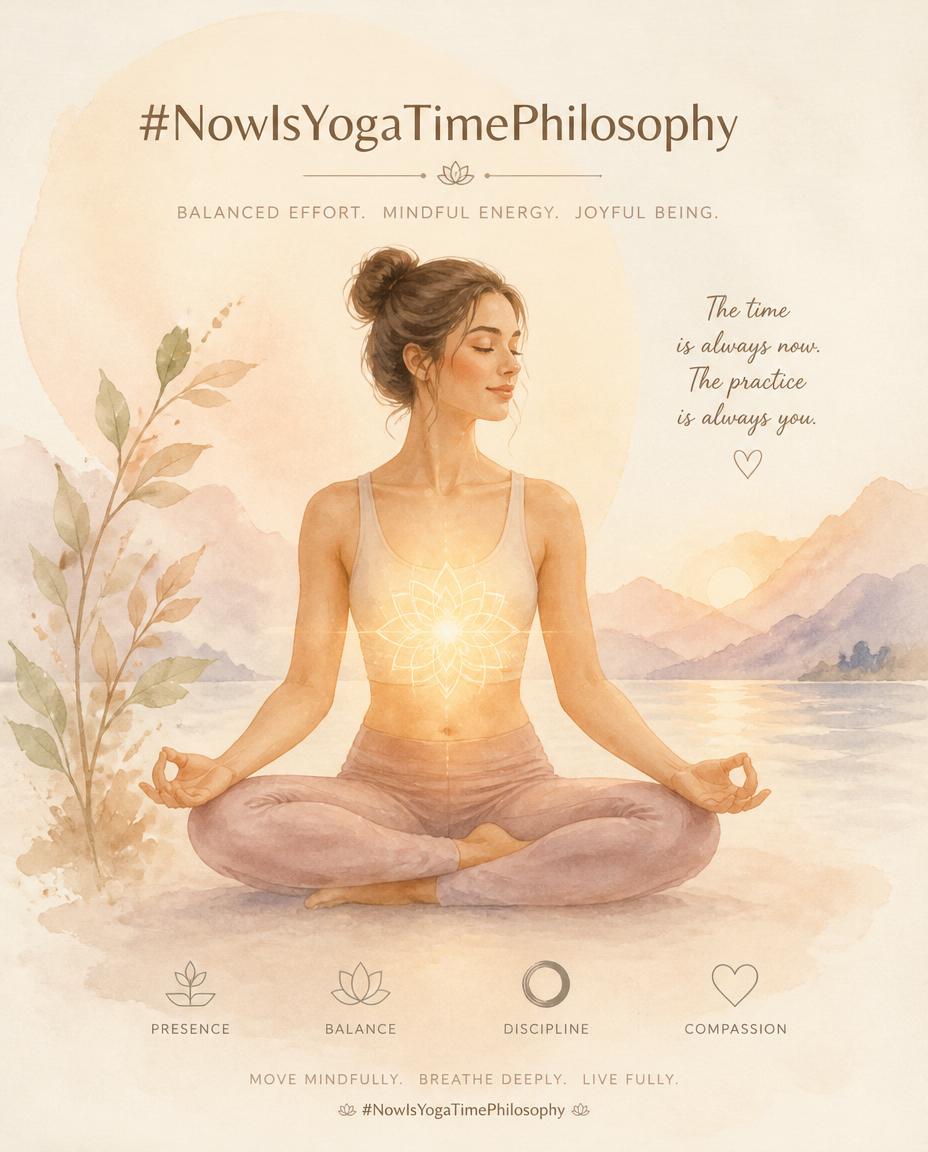 Watercolor figure in a gentle yoga pose with a subtle glow at the center, symbolizing balanced effort. Brahmacharya on the mat