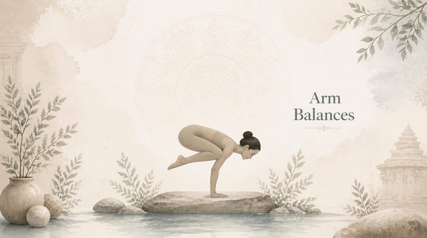 Woman practicing an arm balance yoga pose on a stone platform for the Arm Balances category