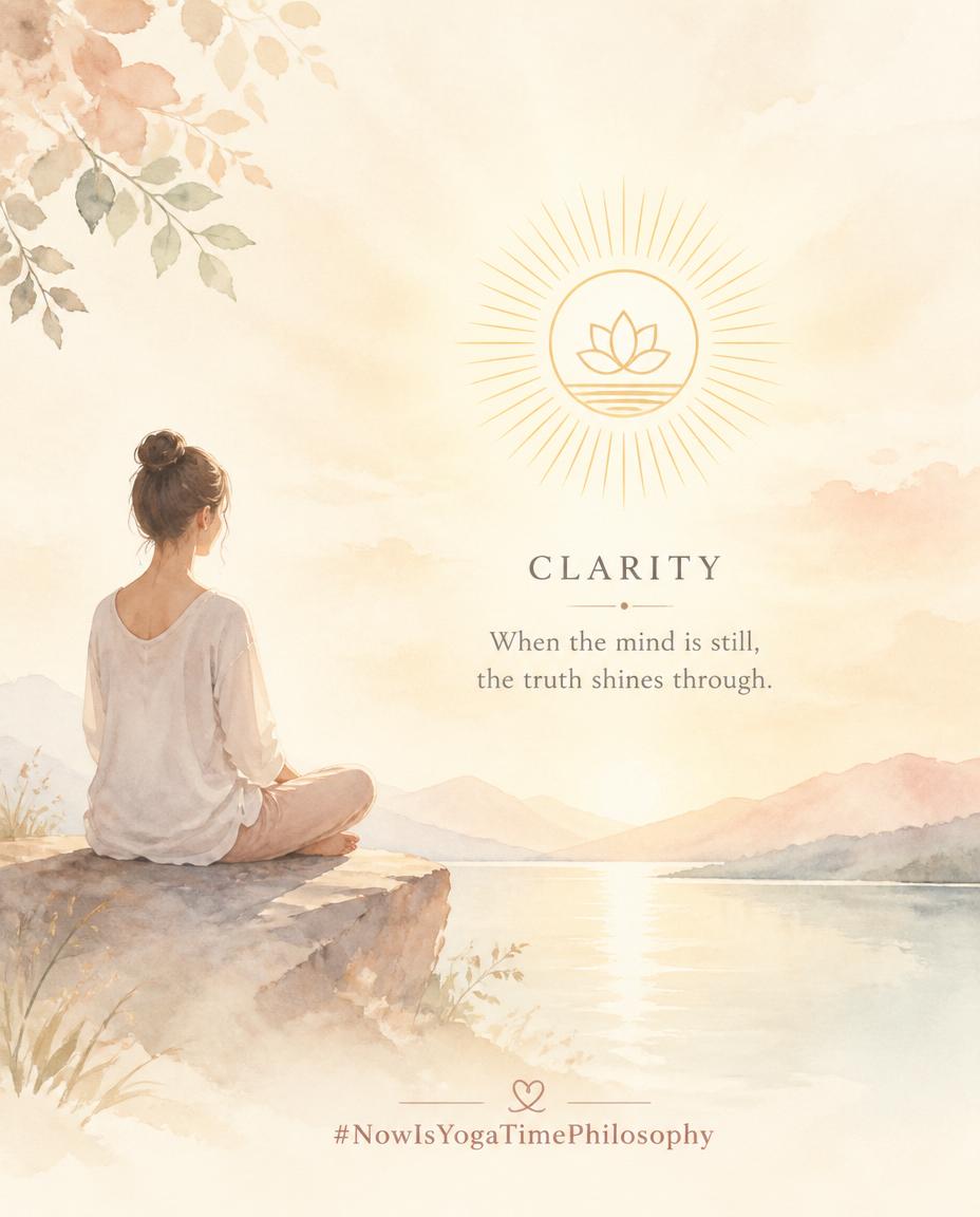 Soft watercolor illustration with warm light illuminating a subtle symbol of clarity and truth. Satya introduction.