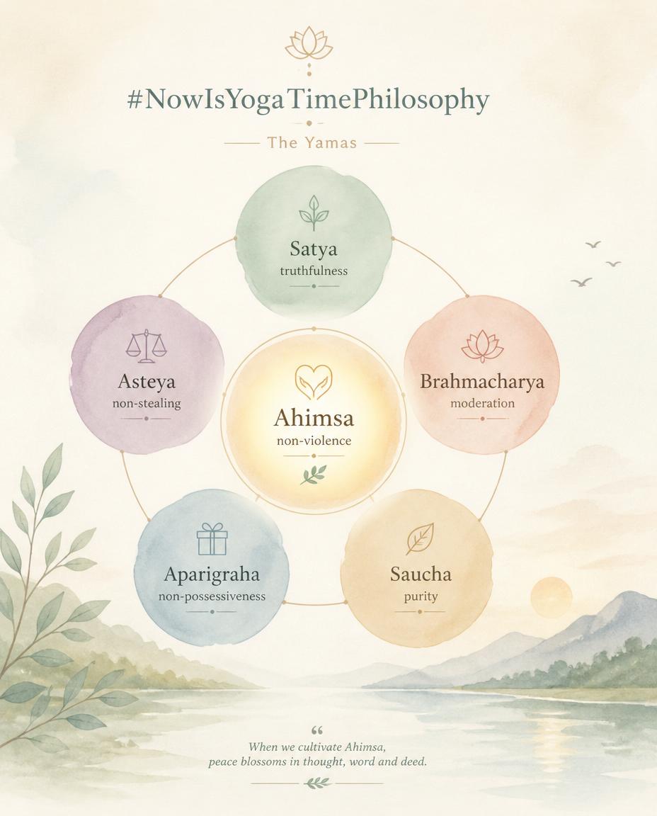 Watercolor illustration of five interconnected soft shapes with Ahimsa glowing at the center, symbolizing the unity of the Yamas. Ahimsa and other Yamas