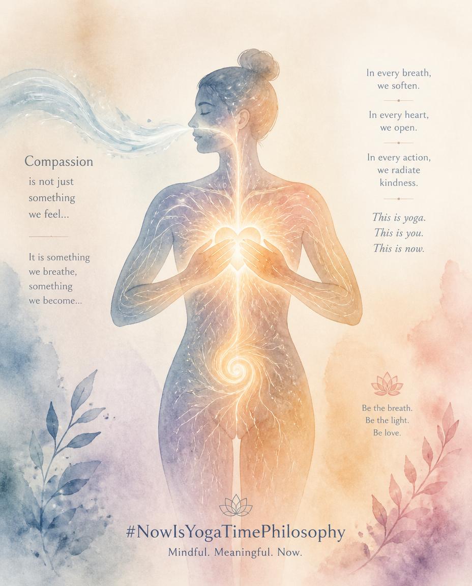 Watercolor silhouette of a human body with soft glowing heart and hands, showing breath and energy flowing gently through the body. Ahimsa in the Body