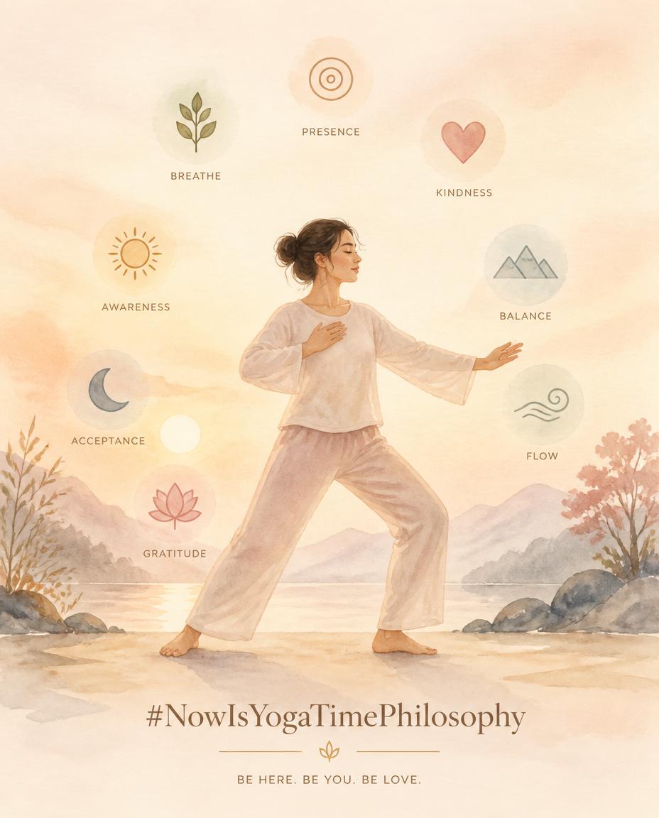 Watercolor scene of a serene figure practicing gentle movement and breath with eight subtle symbols around them. A moment with the eighth limbs of Patanjali's yoga.