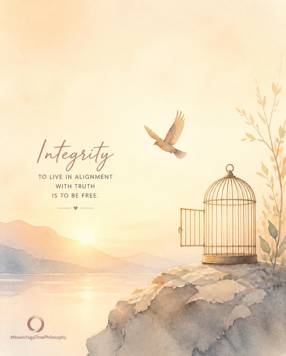 Soft watercolor illustration with warm light illuminating a subtle symbol of integrity and inner freedom. Asteya Introduction.