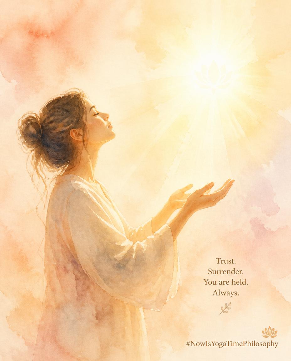 Soft watercolor figure with open hands and an upward glow, symbolizing trust and surrender. Ishvara Pranidhana - Surrender