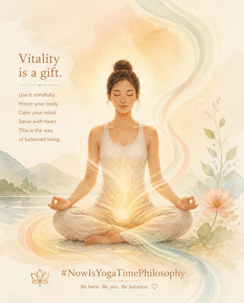 Watercolor figure surrounded by soft flowing energy lines, symbolizing mindful use of vitality. Bramacharya, right use of energy.
