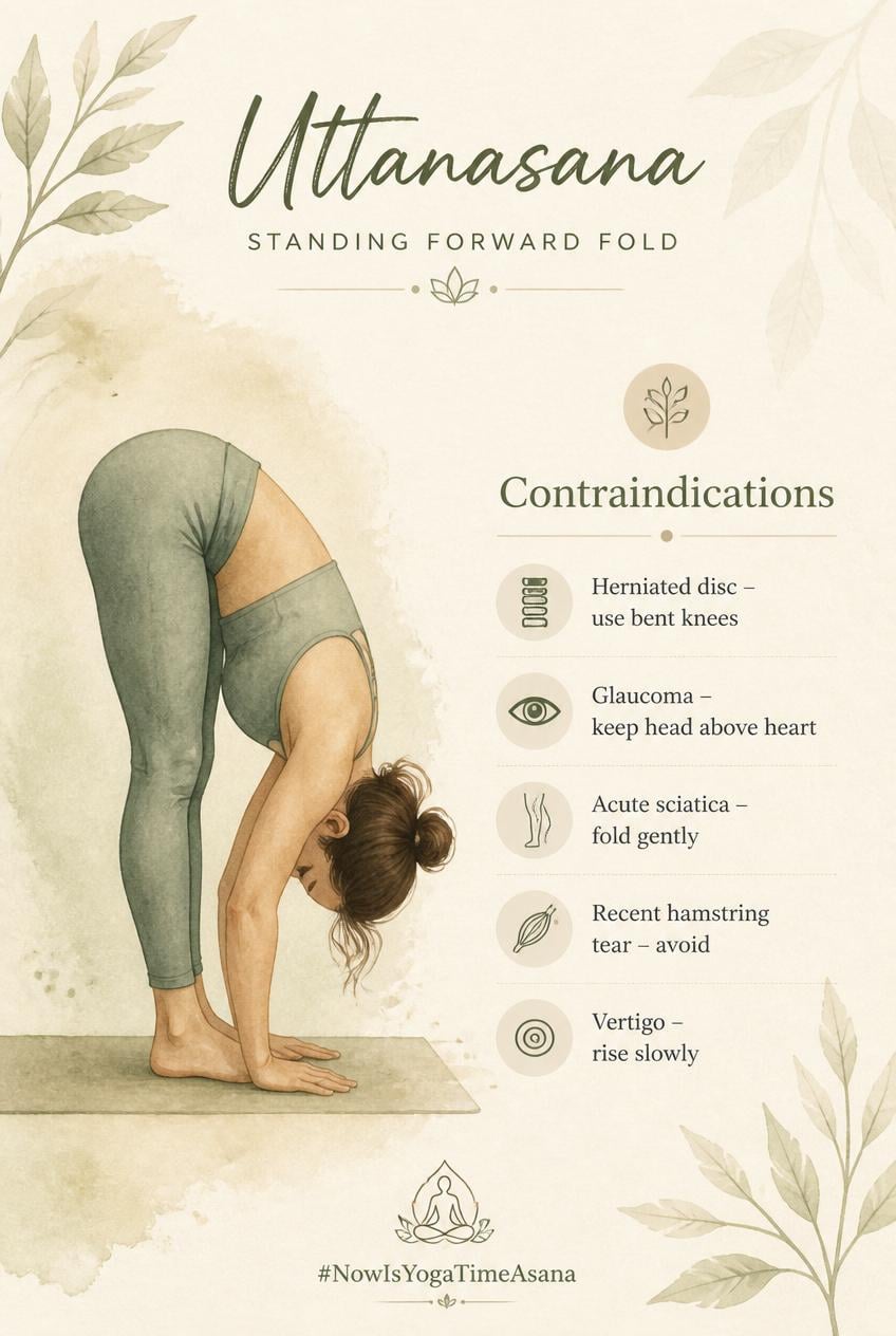 Contraindications of Uttanasana and Uttanasana performed by a woman