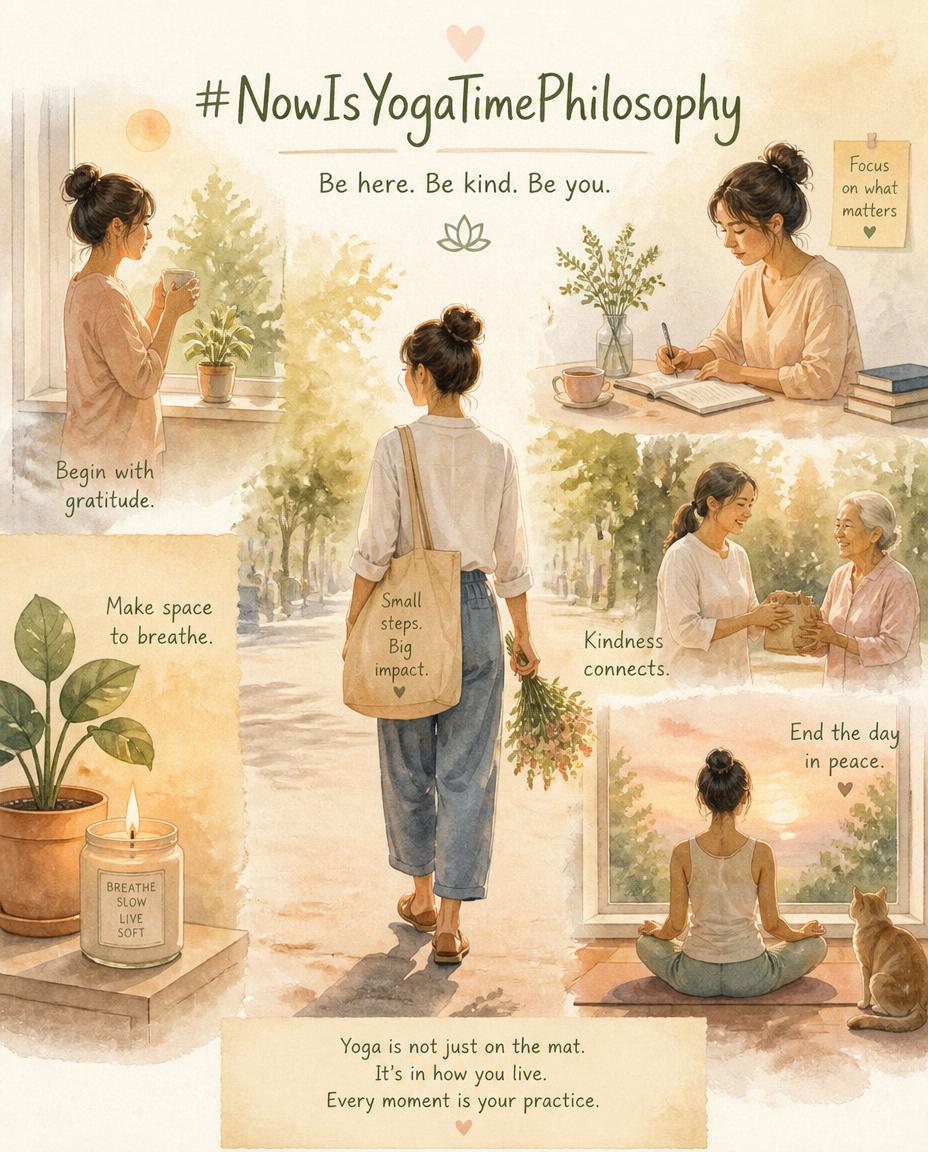 Soft watercolor scene of a person moving through simple daily tasks with calm presence, surrounded by warm pastel light. Ahimsa in Daily Life