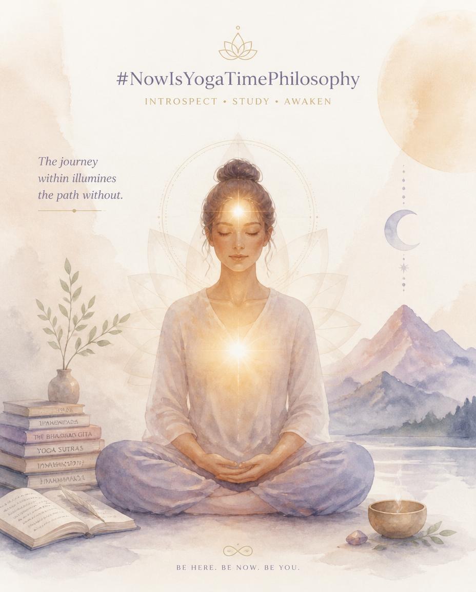 Watercolor figure with glowing light at the forehead and heart, symbolizing introspection and sacred study. Svathyaya - Self-Study