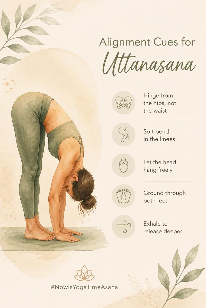 Alignment cues for Uttanasana and asana performed by a woman