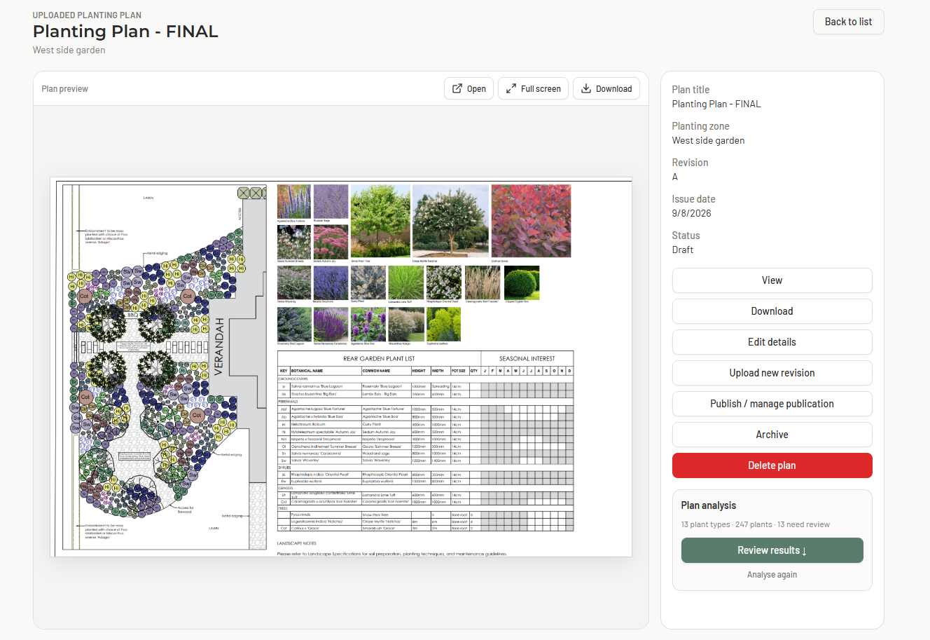 PlantFrame analysing an uploaded planting plan created in external CAD software