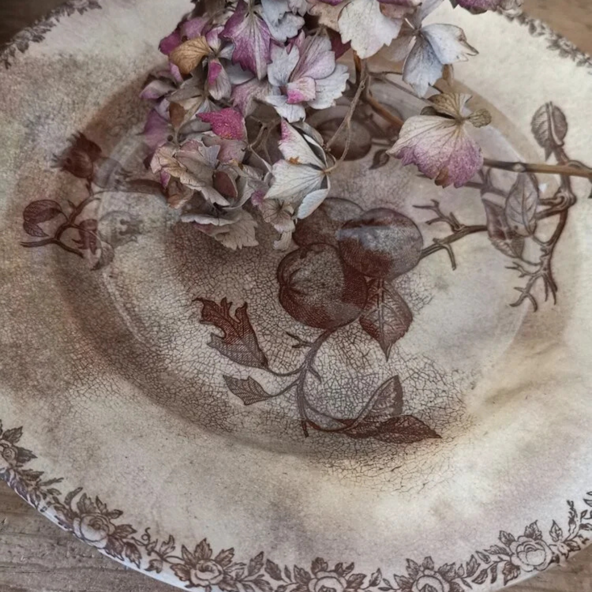 faded floral scene of antique French transferware plate with a dried flower arrangement