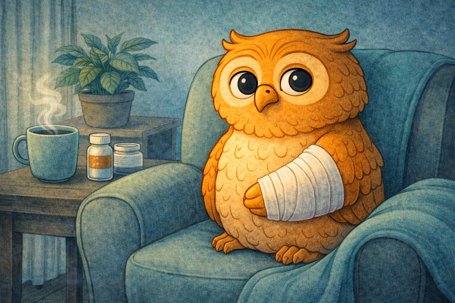 Illustrated owl resting in an armchair with a cup of tea and a bandaged wing