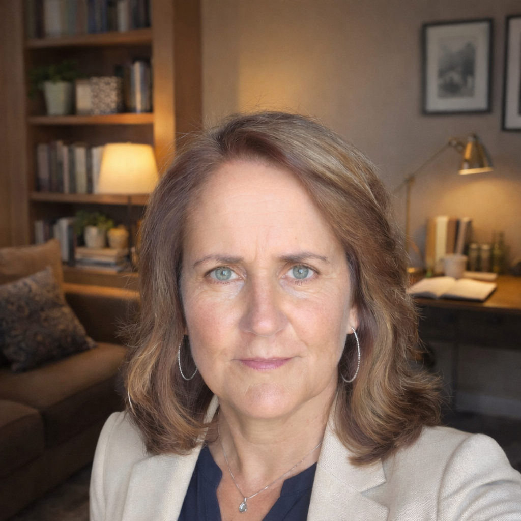 Kimberlee Murray, author and writer, seated in a warmly lit room with bookshelves in the background