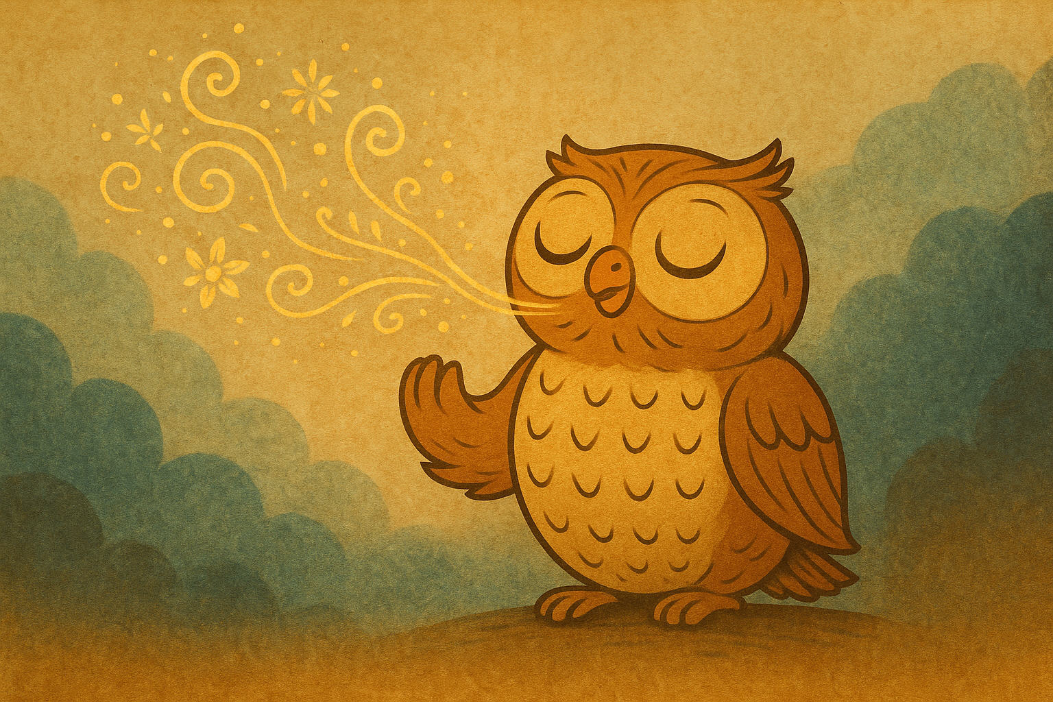 Illustrated owl with eyes closed, surrounded by flowing golden designs