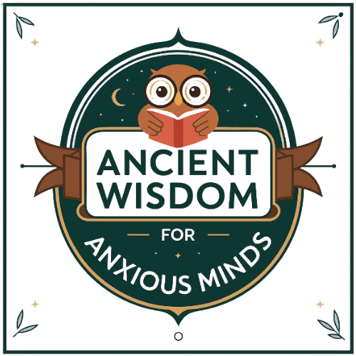 Ancient Wisdom for Anxious Minds newsletter logo featuring an illustrated owl reading a book