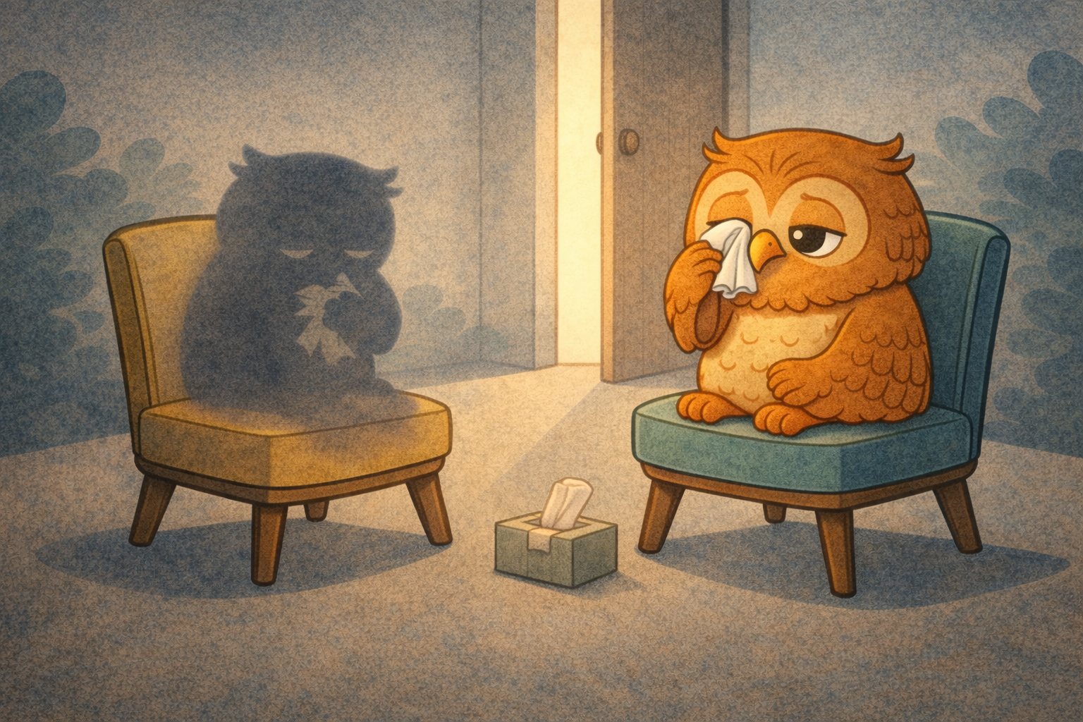Illustrated owl sitting in a dimly lit room with a shadowy figure knocking at the door