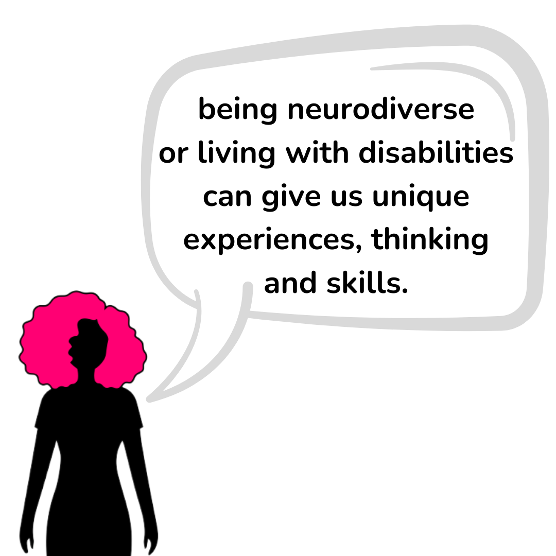 black silhouette of person, hot pink full hair, speech bubble 