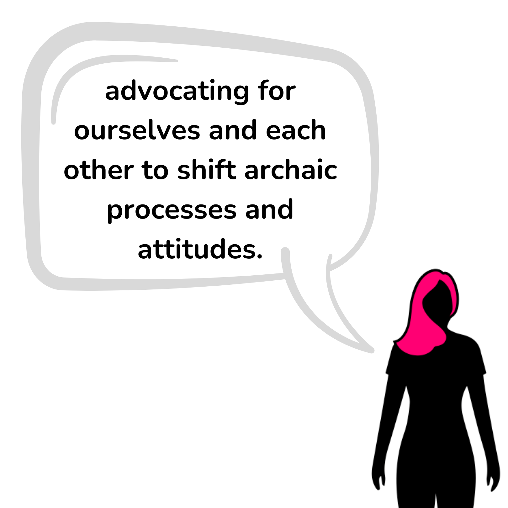 black graphic person with hot pink longer hair pushed to left side, speech bubble, 