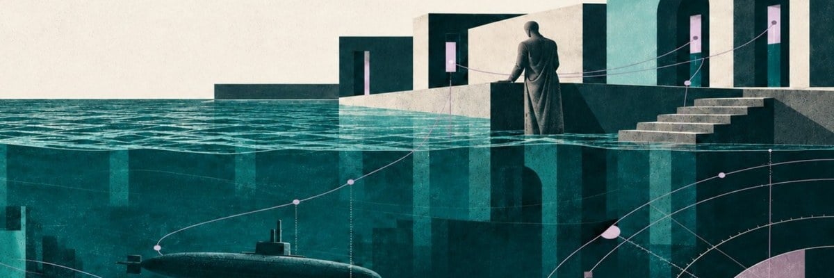 Illustrazione: una figura in toga guarda il mare da una terrazza di archi; sott'acqua un sottomarino e una rete di linee lilla che collega punti luminosi
