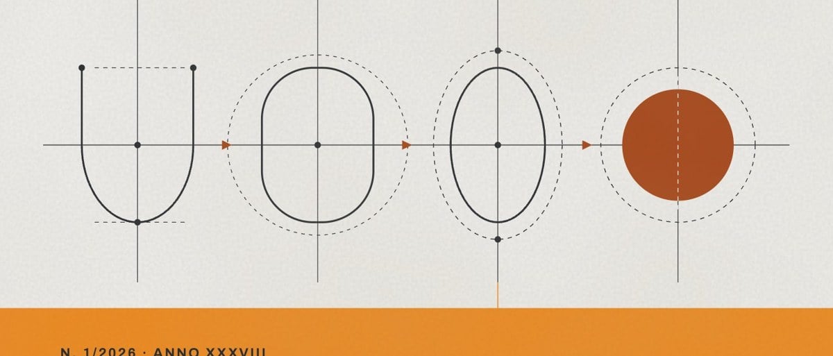 Dalla copertina del N. 1/2026: su fondo carta, una fila di ovali e cerchi tracciati a filo che si stringono fino a un disco ruggine