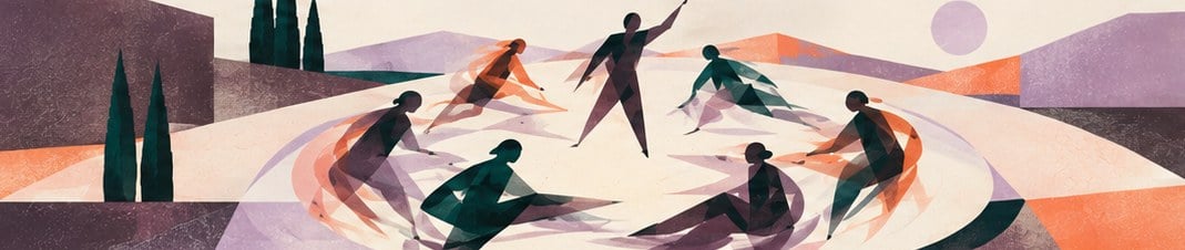 Illustrazione: figure stilizzate in viola, petrolio e arancio danzano in cerchio su una piazza chiara, fra cipressi e muri, sotto una luna lilla