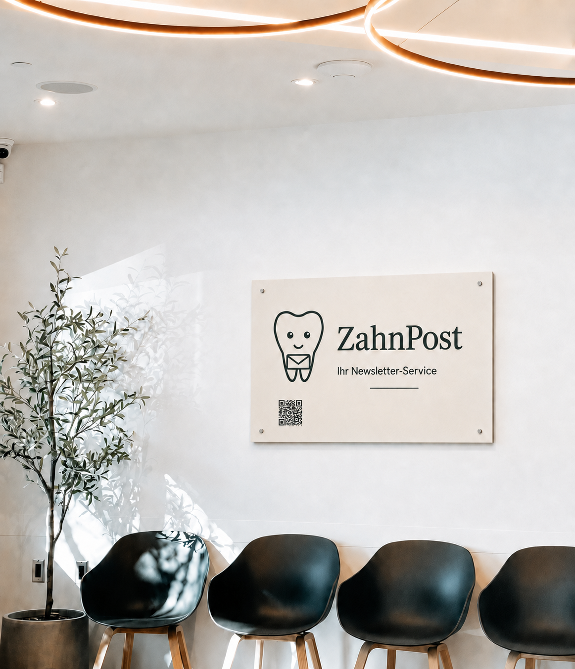 Modernes Wartezimmer einer Zahnarztpraxis mit ZahnPost-Schild und QR-Code zur Newsletter-Anmeldung