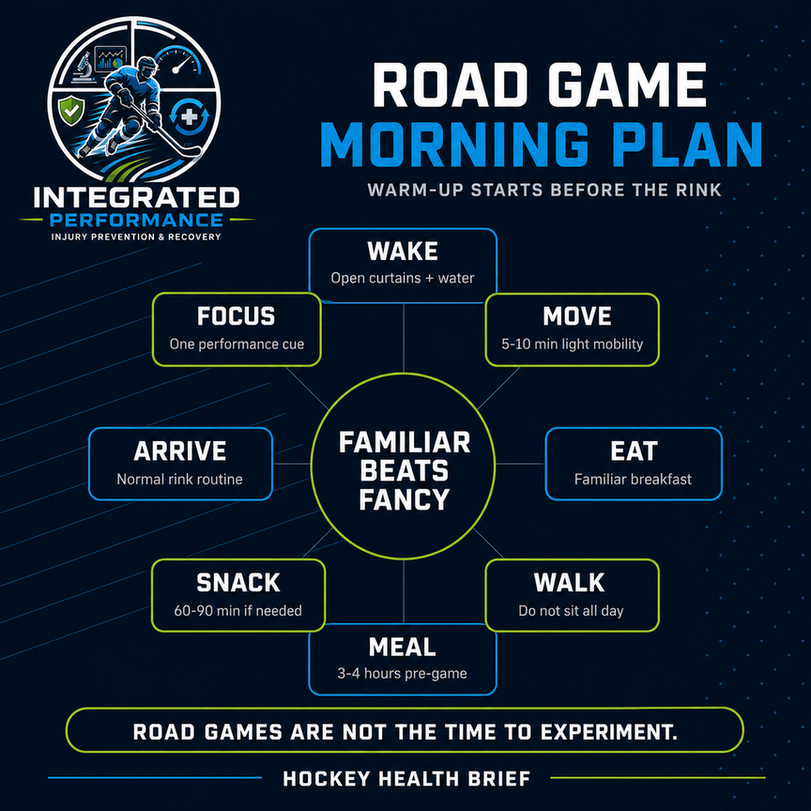 Morning road game plan graphic showing wake up, light, hydration, movement, meals, snacks, rink arrival, and game preparation.