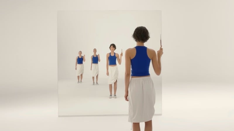 a still from an ad featuring Zendaya showing her wearing a blue and white outfit and looking into a mirror where she has three reflections