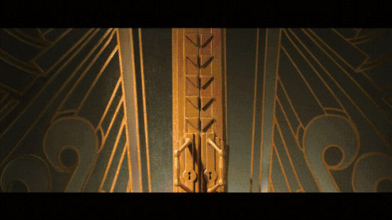 a gif from the teaser trailer of 'Wildwood' featuring a door opening, with animal characters inside and a young woman walking in
