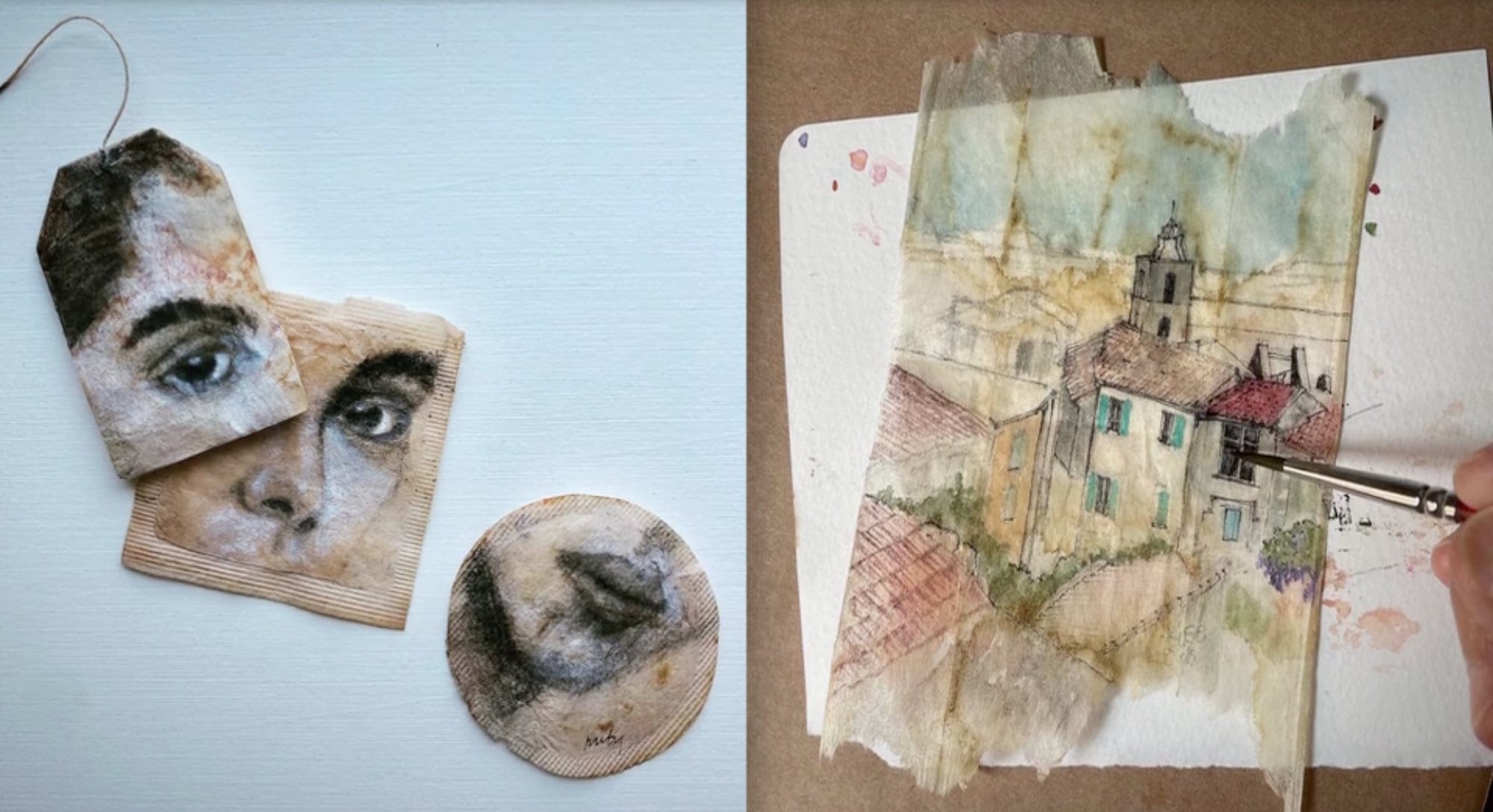 left: three fragmented portraits on tea bags. right: a hand paints an architectural city scene on a tea bag